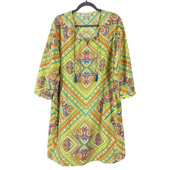 Coolibar Oceanside Tunic Dress Women XL UPF50+ Sun Protection Yellow Geo Paisley - Picture 2 of 12